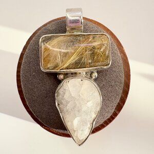 Rutilated Quartz Bezel Set Pendant VTG Sterling Silver 925 Size 1.75" Length